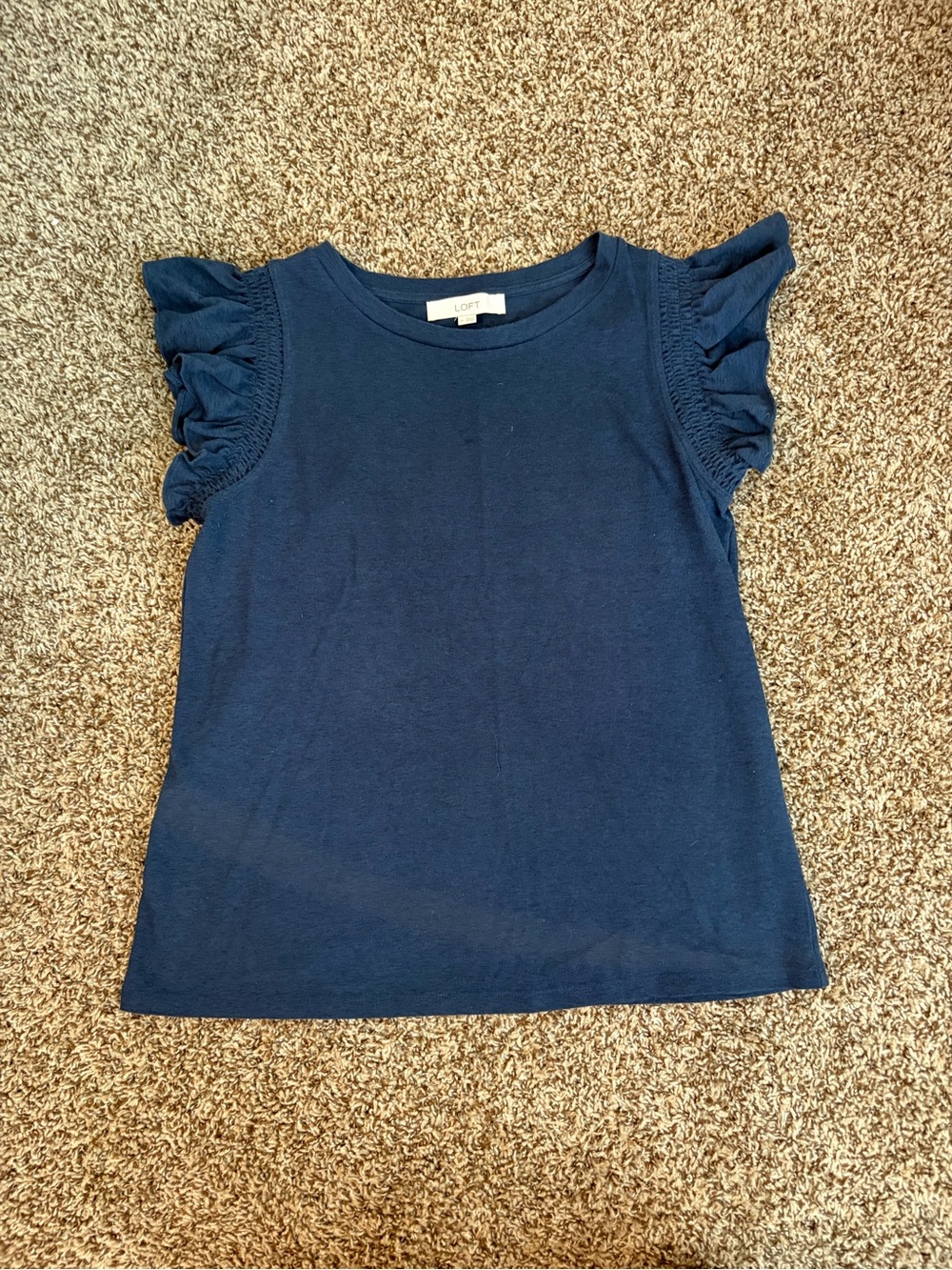 LOFT Navy Ruffle Sleeve Tee